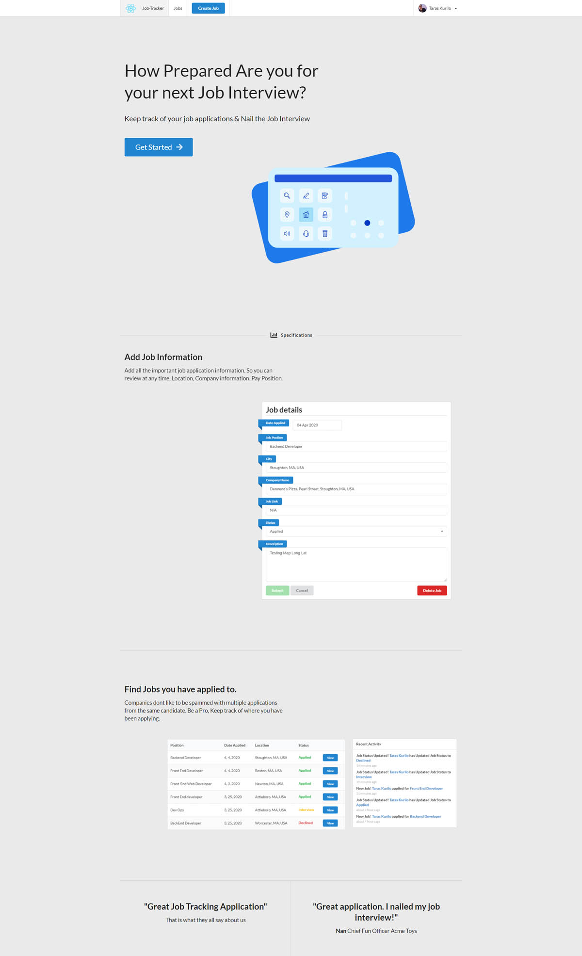 Job tracker application landing page.