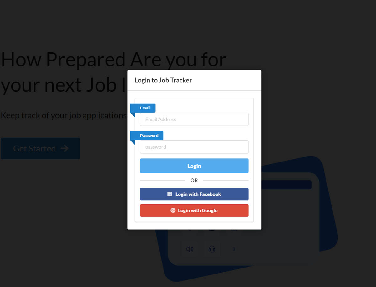 Job tracker application login page.