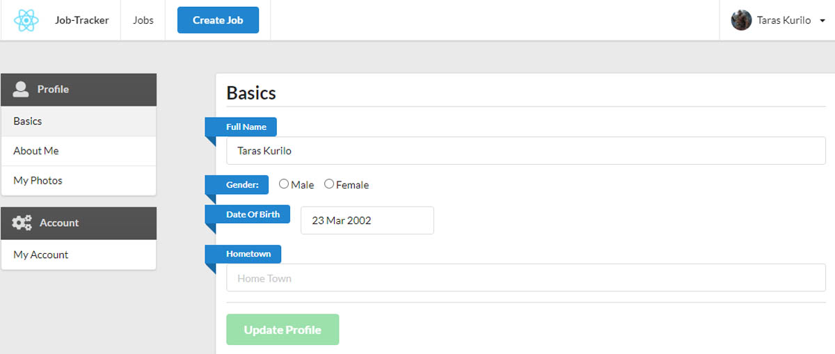 Job tracker application basic user detail page.
